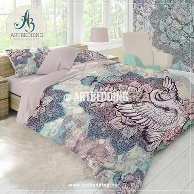 Swan bohemian bedding, Boho unicorn colors lotus mandala duvet cover set, swan lotus comforter set Bedding set
