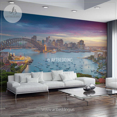 Sydney with Harbour Bridge and Skyline during Sunset Cityscape Wall Mural, Australia Photo sticker, Australia wall decor wall mural