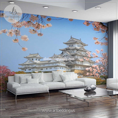 Tower of the UNESCO world heritage site Himeji Castle with Cherry Blossoms Cityscape Wall Mural, Japan Photo sticker, Japan wall decor wall mural