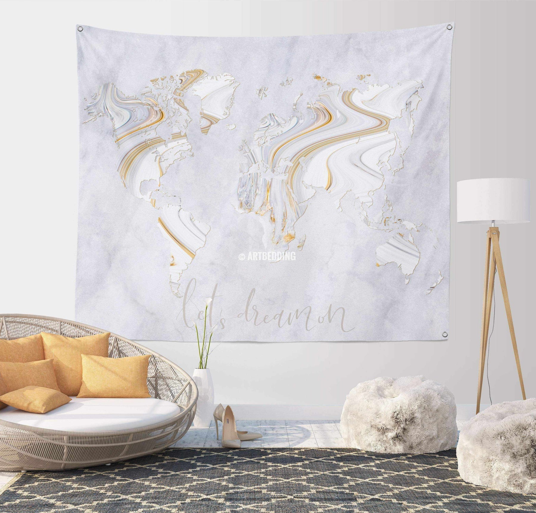 Travel map bedding, Abstract white and gold liquid marble map duvet ...