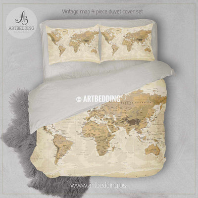 Travel World Map bedding, Vintage look phisical world map duvet cover set, Travel map comforter set Bedding set