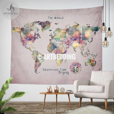 Travel world map wall Tapestry, Watercolor Adventure map wall hanging, bohemian wall tapestries, boho wall decor Tapestry