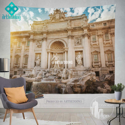 Trevi fountain in Rome wall tapestry, Rome at dusk wall tapestry, Rome landmark wall decor
