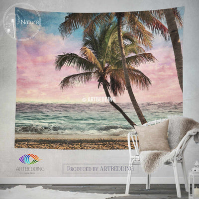 Tropical beach wall tapestry, Tropical beach at sunset wall tapestry, Old photo beach wall decor, Palm trees wall hanging, bohemian wall tapestry