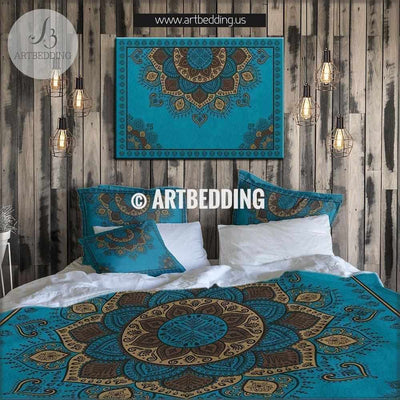 Turquoise and gold Boho Mandala bedding, Teal mandala duvet cover,  Boho Indie mandala comforter set Bedding set