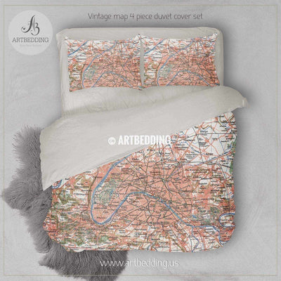 Vintage 1910 road map of Paris bedding, Vintage Paris map duvet cover set, Map of Paris comforter set Bedding set