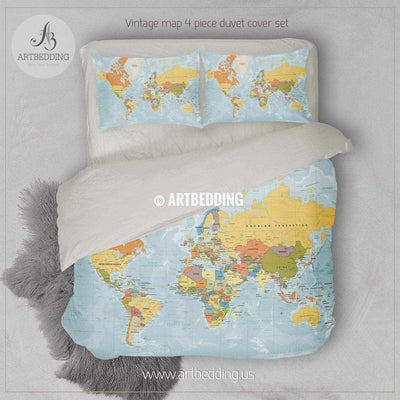 Vintage Color Political World Map bedding, Detailed modern world map duvet cover set, Modern travel map comforter set Bedding set