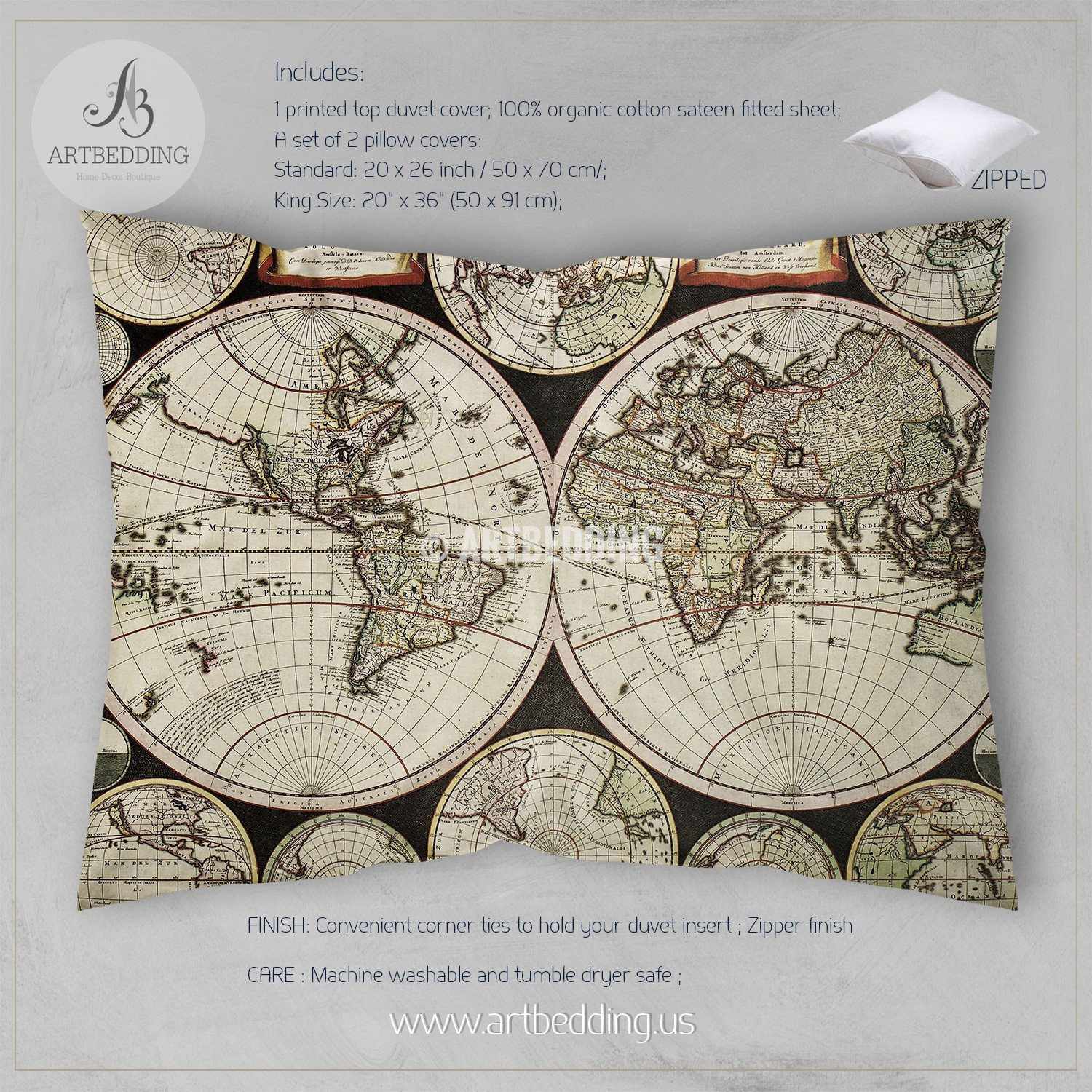 Vintage hemisphere world map bedding, Vintage old map duvet cover set ...