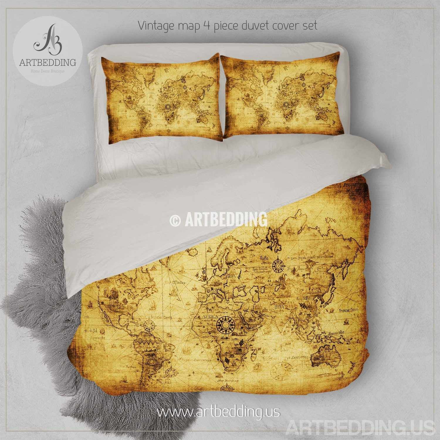Ancient world map bedding, Vintage old map duvet cover set, Antique at ...