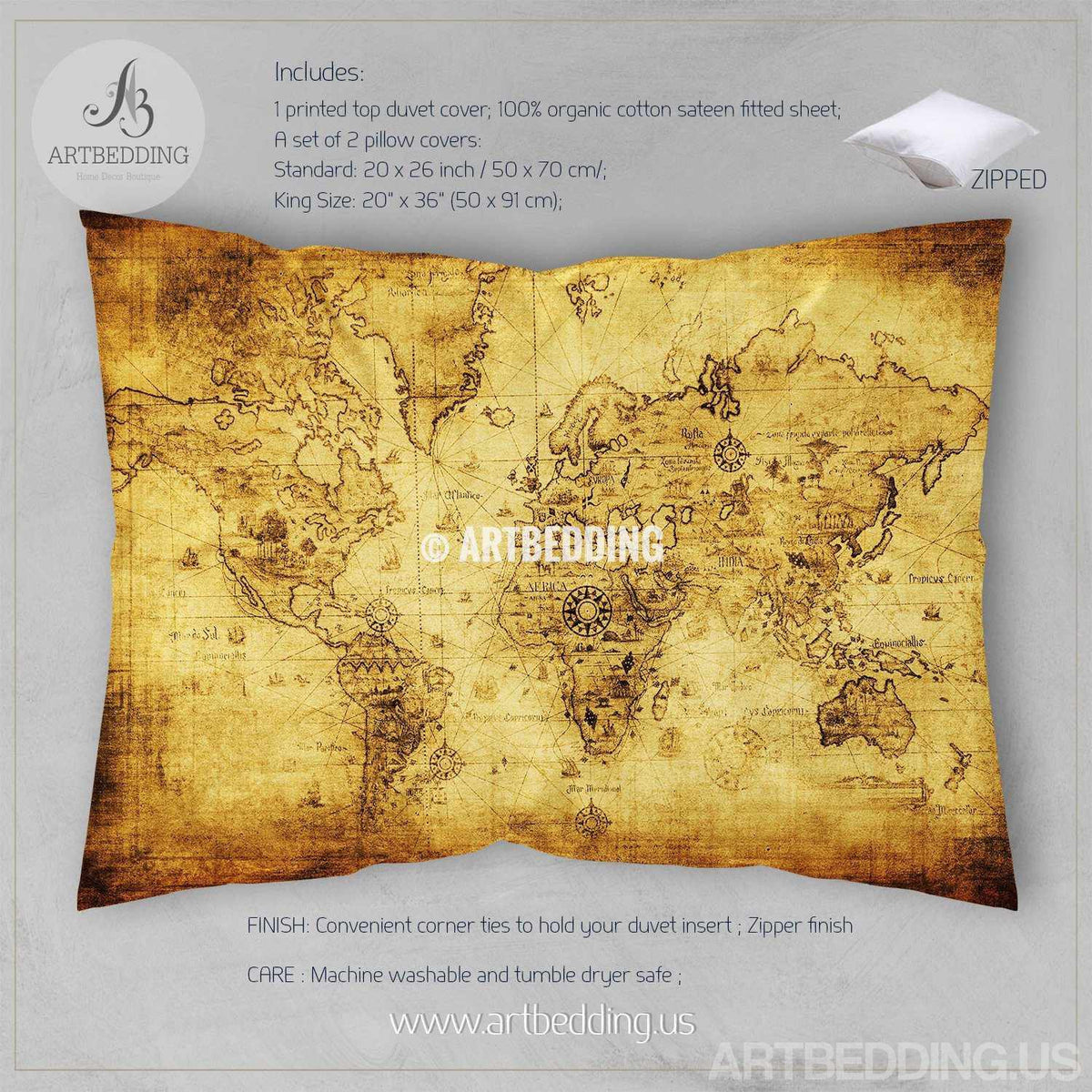 Ancient world map bedding, Vintage old map duvet cover set, Antique at ...