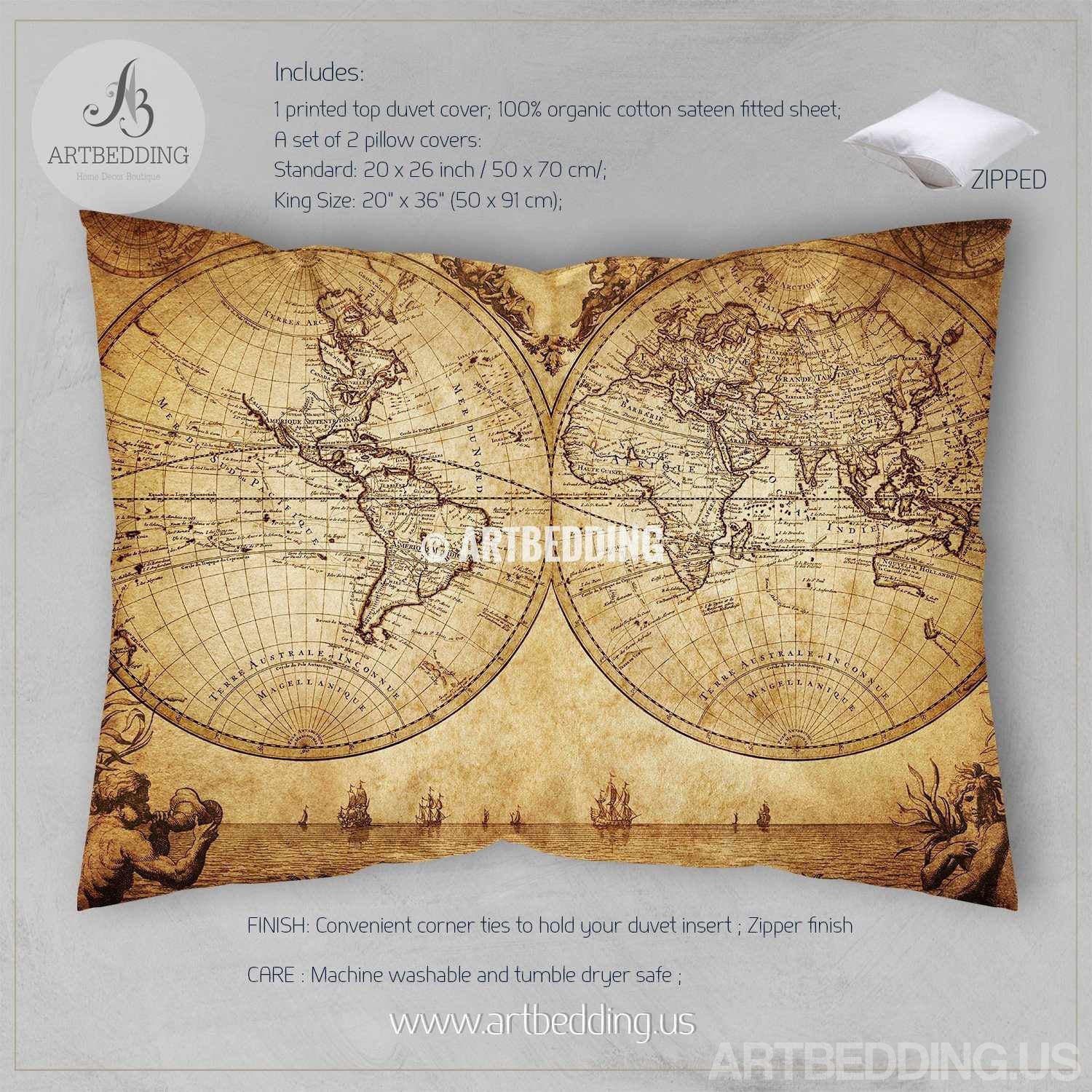 Vintage world map bedding, 1733 Historical old map of the world duvet ...