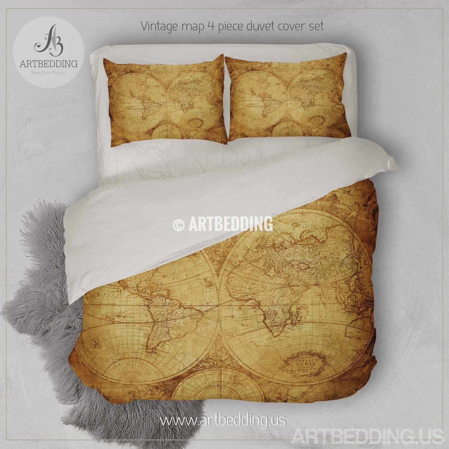 Antique world map bedding, Vintage old world map duvet cover set, stea ...