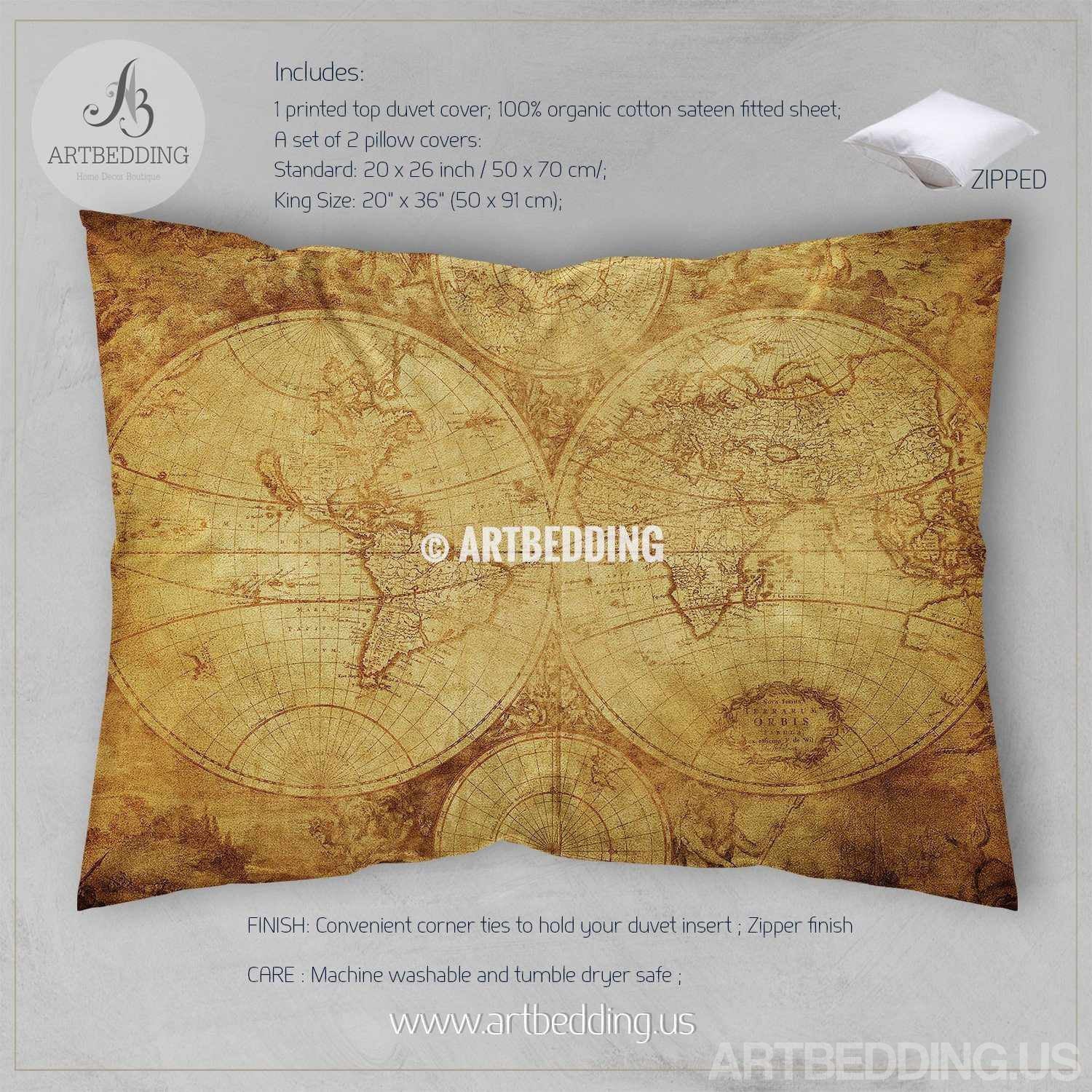 Antique world map bedding, Vintage old world map duvet cover set, stea ...
