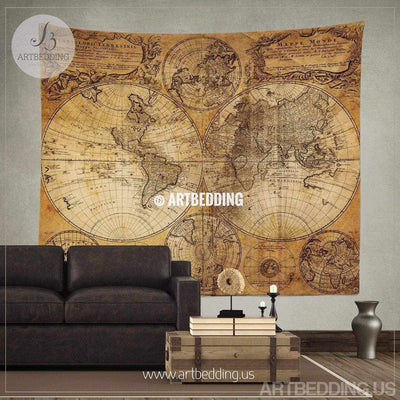 Vintage orld map wall tapestry, Historical world map wall hanging, antique old map wall decor, vintage map wall art print Tapestry