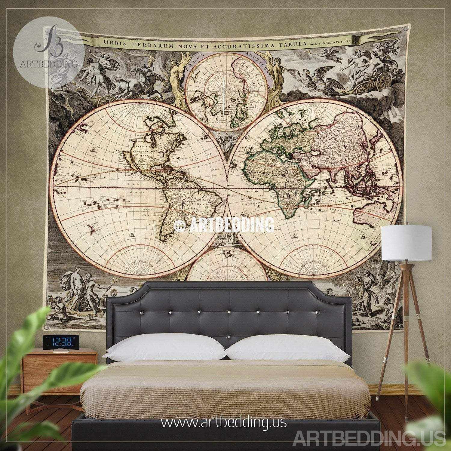 Vintage world map bedding, Antique 1690 old map duvet cover set, Vinta ...