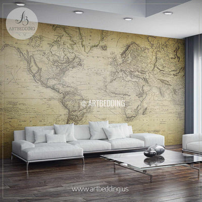 Vintage World Map from 1814 Wall Mural, Self Adhesive Peel & Stick Photo Mural, Atlas wall mural, mural home decor wall mural
