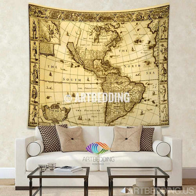 Vintage world map wall tapestry, America vintage world map wall hanging, old map wall decor, vintage map wall art print