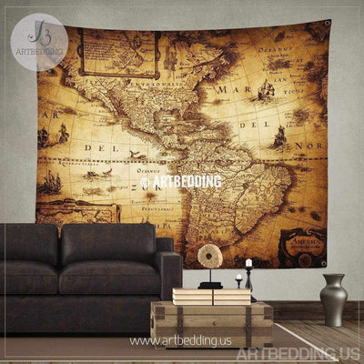 Vintage world map wall tapestry, America vintage world map wall hanging, old map wall decor, vintage map wall art print Tapestry