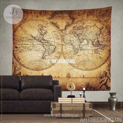 Vintage world map wall tapestry, Historical world map wall hanging, old map wall decor, vintage map wall art print Tapestry