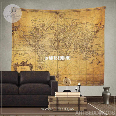 Vintage world map wall tapestry, Steampunk ancient world map wall hanging, vintage world map wall decor, vintage map wall art print Tapestry