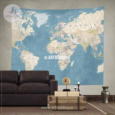 Vintage World Map wall tapestry, vintage interior map wall hanging, old map wall decor, vintage map wall art print Tapestry