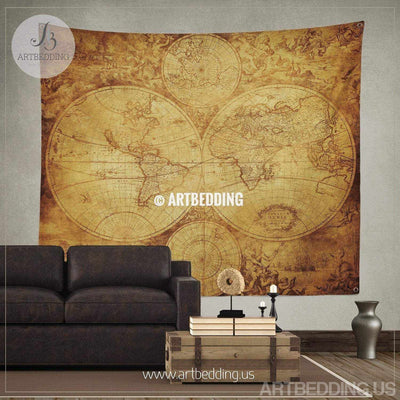 Vintage world map wall tapestry, vintage interior world map wall hanging, old map wall decor, vintage map wall art print Tapestry