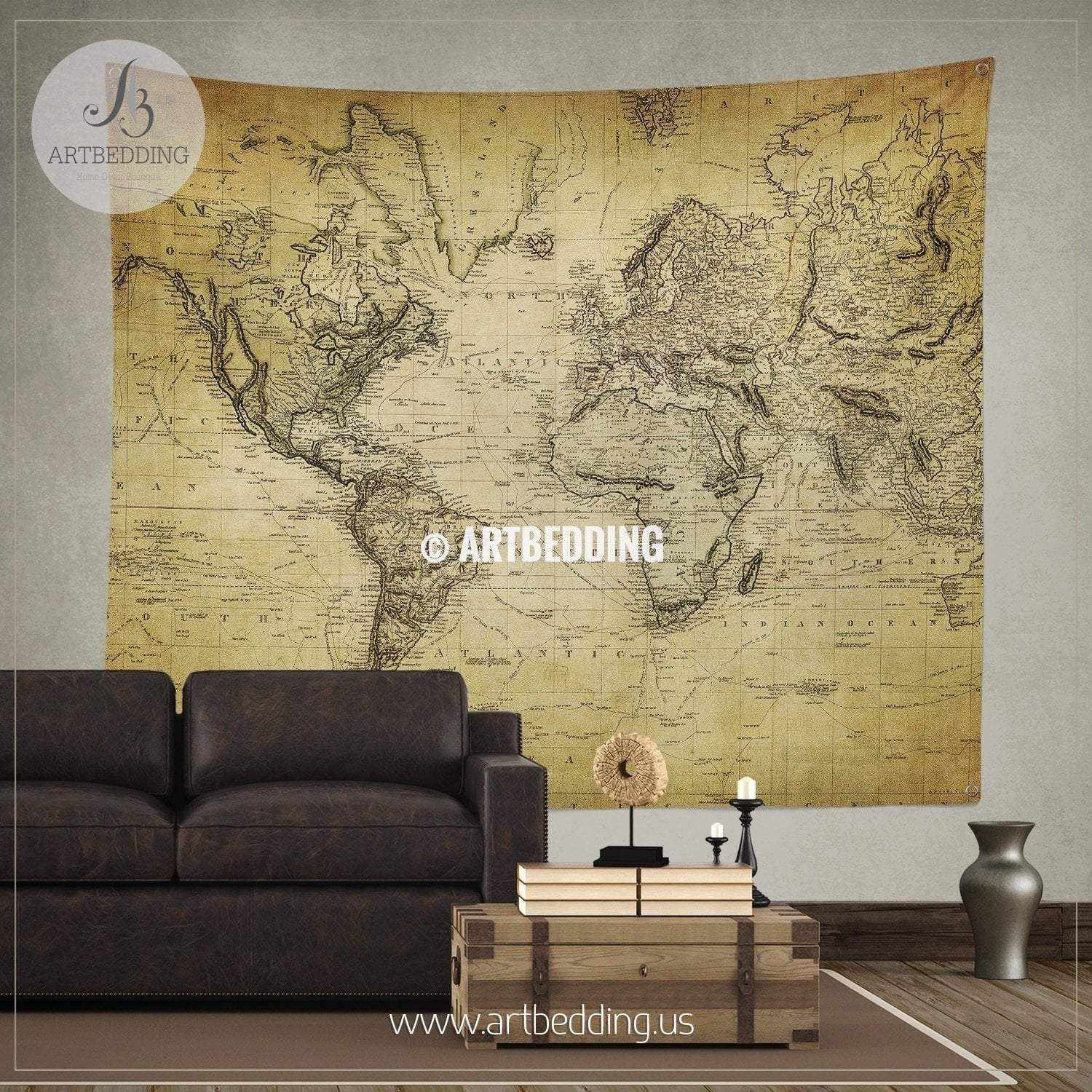 Vintage world map wall tapestry, vintage interior world map wall