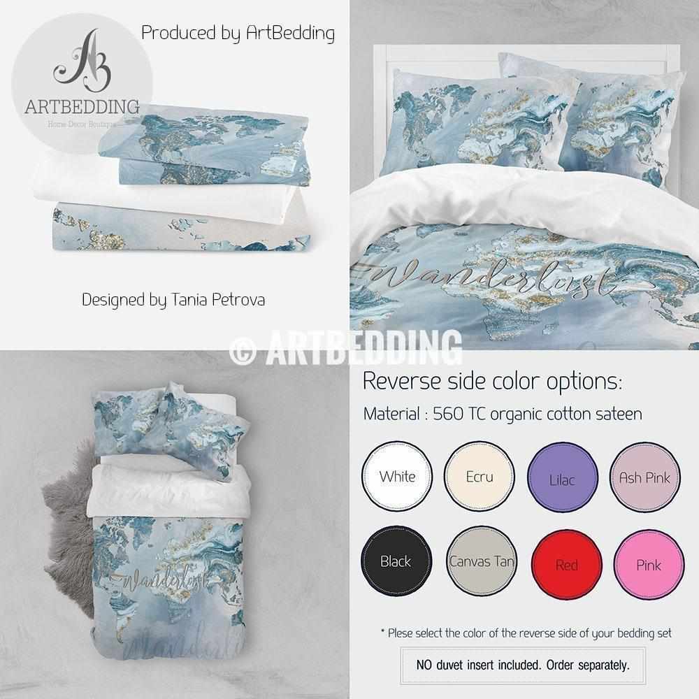 Wanderlust blue and gold marble summer vibes world map bedding, Bohemi ...