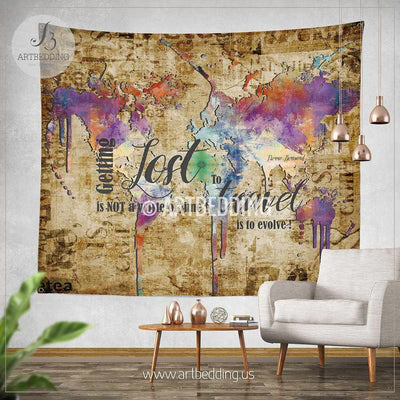 Wanderlust Quote wall Tapestry, Boho spirit wall hanging, Grunge world map wall tapestries, Hippie tapestry wall hanging, bohemian wall tapestries Tapestry
