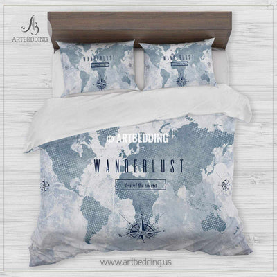 Wanderlust world map bedding, Watercolor map duvet cover set, Modern travel map comforter set Bedding set
