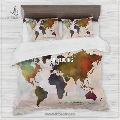 Wanderlust world map bedding, Watercolor world map duvet cover set, Modern wanderlust map comforter set Bedding set