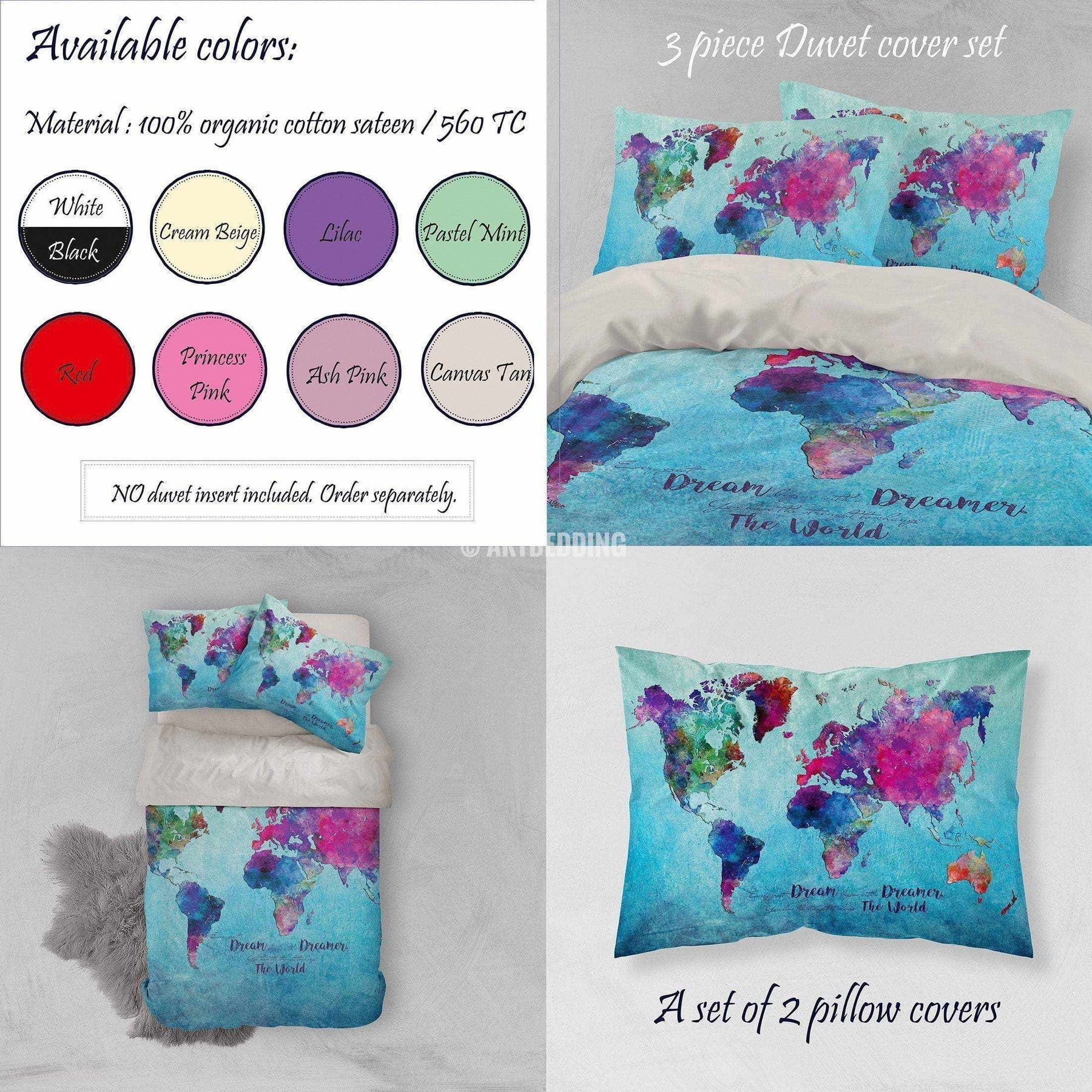 Watercolor world map bedding, Boho chic blue world map duvet cover set ...