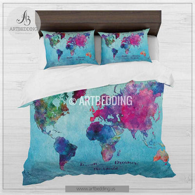 Watercolor world map bedding, Boho chic blue world map duvet cover set, Paint splashes duvet cover set, College bedding, dorm bedspread Bedding set