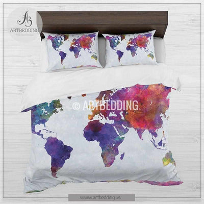 Watercolor world map bedding, Boho chic world map duvet cover set, Paint splashes duvet cover set, College bedding, dorm bedspread Bedding set