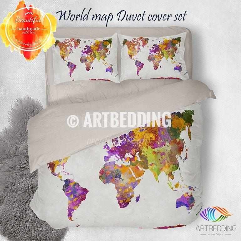 Watercolor world map bedding, Watercolor art print duvet cover set ...