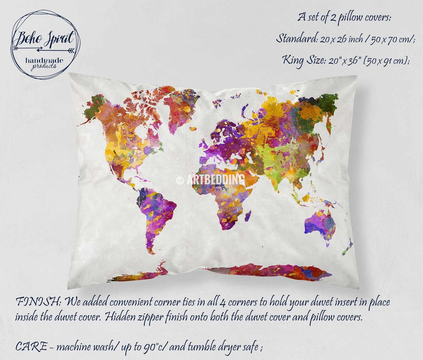 Watercolor world map bedding, Watercolor art print duvet cover set ...