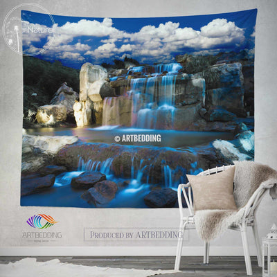 Waterfall wall tapestry, Nature wall decor, Night waterfall wall art print, bedroom livingroom wall tapestries, boho wall hanging, bohemian decor