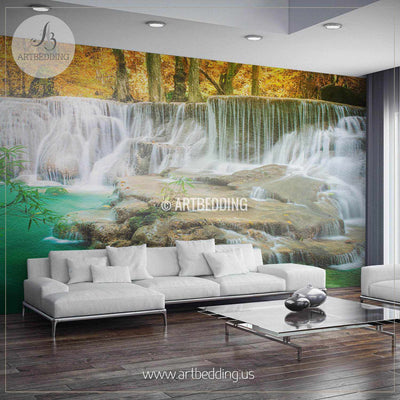 Waterfalls Springtime Wall Mural, Self Adhesive Peel & Stick Photo Mural, Nature Photo mural home decor wall mural