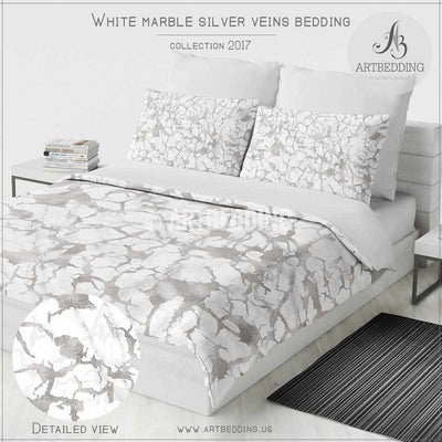 White natural Marble and silver foil Duvet cover, White marble texture with silver foil veins metallic pattern art print duvet cover, marble bedding, artbedding duvet cover