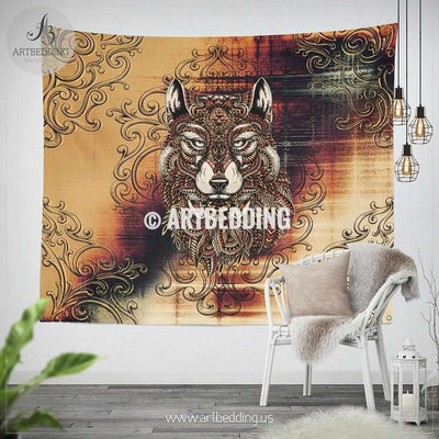 Wolf totem doodle art wall tapestry, Wolf spirit wall hanging, Wolf spirit animal wall art print, totem wall tapestries Tapestry