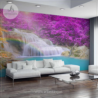 Wonderful Waterfall with rainbows in deep forest at national park in Thailand Wall Mural, Self Adhesive Peel & Stick wall mural wall mural