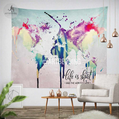 World map abstract watercolor wall Tapestry, Grunge world map wall tapestry,Hippie tapestry wall hanging, bohemian wall tapestries, Modern watercolor map tapestries, Watercolor grunge bohemian decor Tapestry