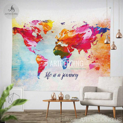 World map Quote wall Tapestry, world map watercolor inspirational quote wall hanging, Splashes of paint World map wall Tapestry, Grunge world map wall tapestry, Hippie tapestry wall hanging, bohemian wall tapestries Tapestry