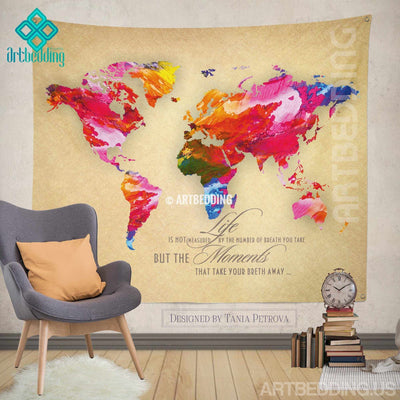 World map Quote wall Tapestry, world map watercolor inspirational quote wall hanging, Splashes of paint World map wall Tapestry, Grunge world map wall tapestry, Hippie tapestry wall hanging, bohemian wall tapestries