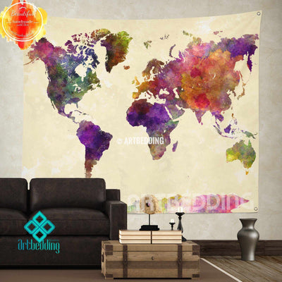 World map watercolor wall Tapestry size M, Grunge world map wall tapestry, Modern watercolor map tapestries, Watercolor grunge bohemian decor Tapestry