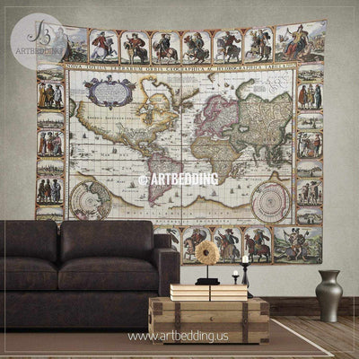 World old map 1652 wall tapestry, vintage interior map wall hanging, old map wall decor, vintage map wall art print Tapestry